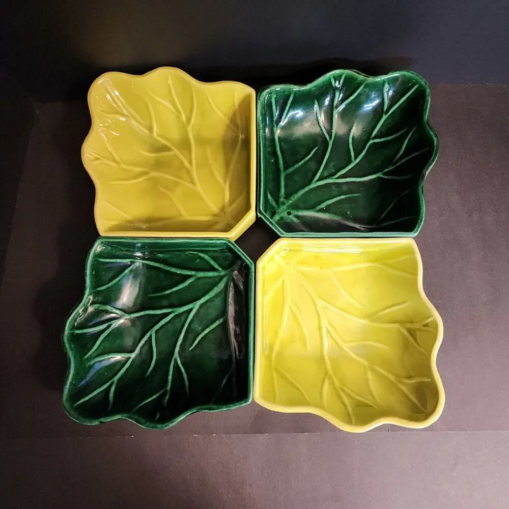 MCM 2-Tone Green 4 Cabbage Leaf Ceramic Relish Appetizer Square Serving Dishes